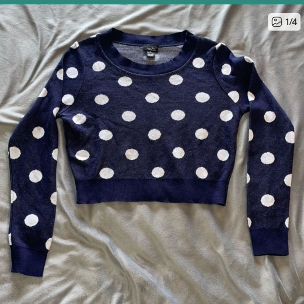 EUC Rue21 Navy and White Knit Polka Dot Crop Sweater. Medium, fits small.